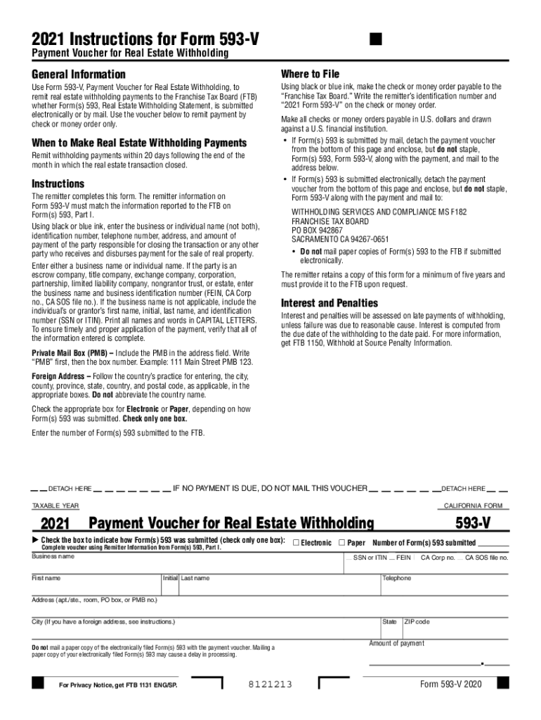 2021 California Form 593 V Payment Voucher For Real Estate 